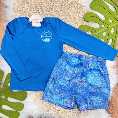 Linha Praia - Blusa Manga Longa Summe Vibe com Proteção UV50+ e Bermuda - Azul